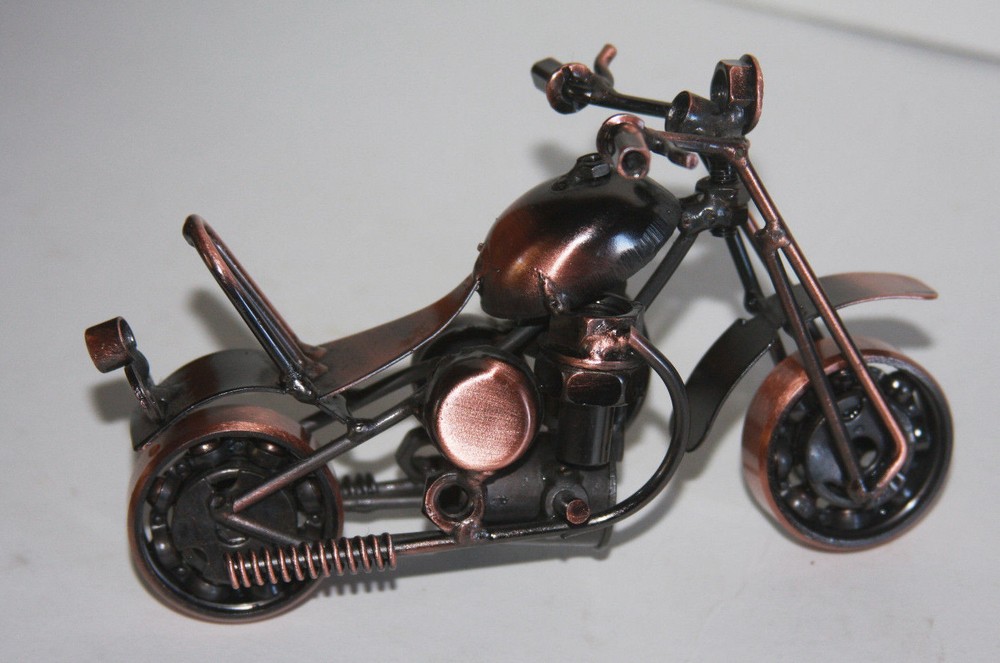 Heavy Welded Motorcycle Sculpture Bronze Nick-Knack Rolling Wheels 5 1/2″x 3 1/4