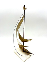 Vintage DeMott MCM Brass Sailboat on White Stone 14″ Tall Nautical Maritime