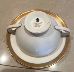 Wedgwood Soup Cup & Saucer Set with 3 Cups, White & Gold, Made in England