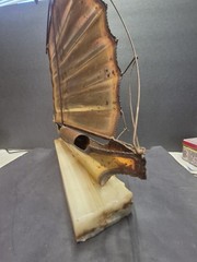 John DeMott Signed Metal Brass Sailboat Sculpture On Stone Base Decor Display