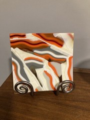 Hand Made Fused Art Glass Trinket Dish Plate Orange Gray Cream Swirl Curved