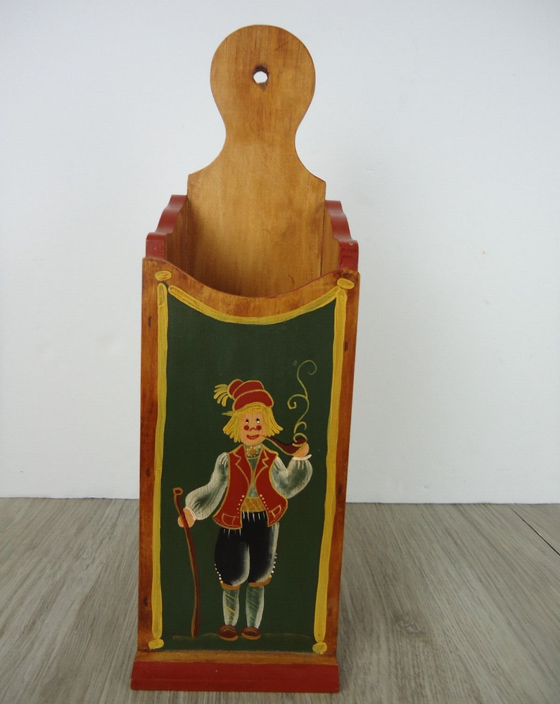 VTG Norwegian Folk Toll Paint Wooden Match Box Wall Pocket Signed 80s Pipe Man