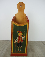 VTG Norwegian Folk Toll Paint Wooden Match Box Wall Pocket Signed 80s Pipe Man