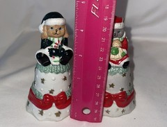 2 Vintage Ceramic Cat Dog Christmas Bells Figurines ￼