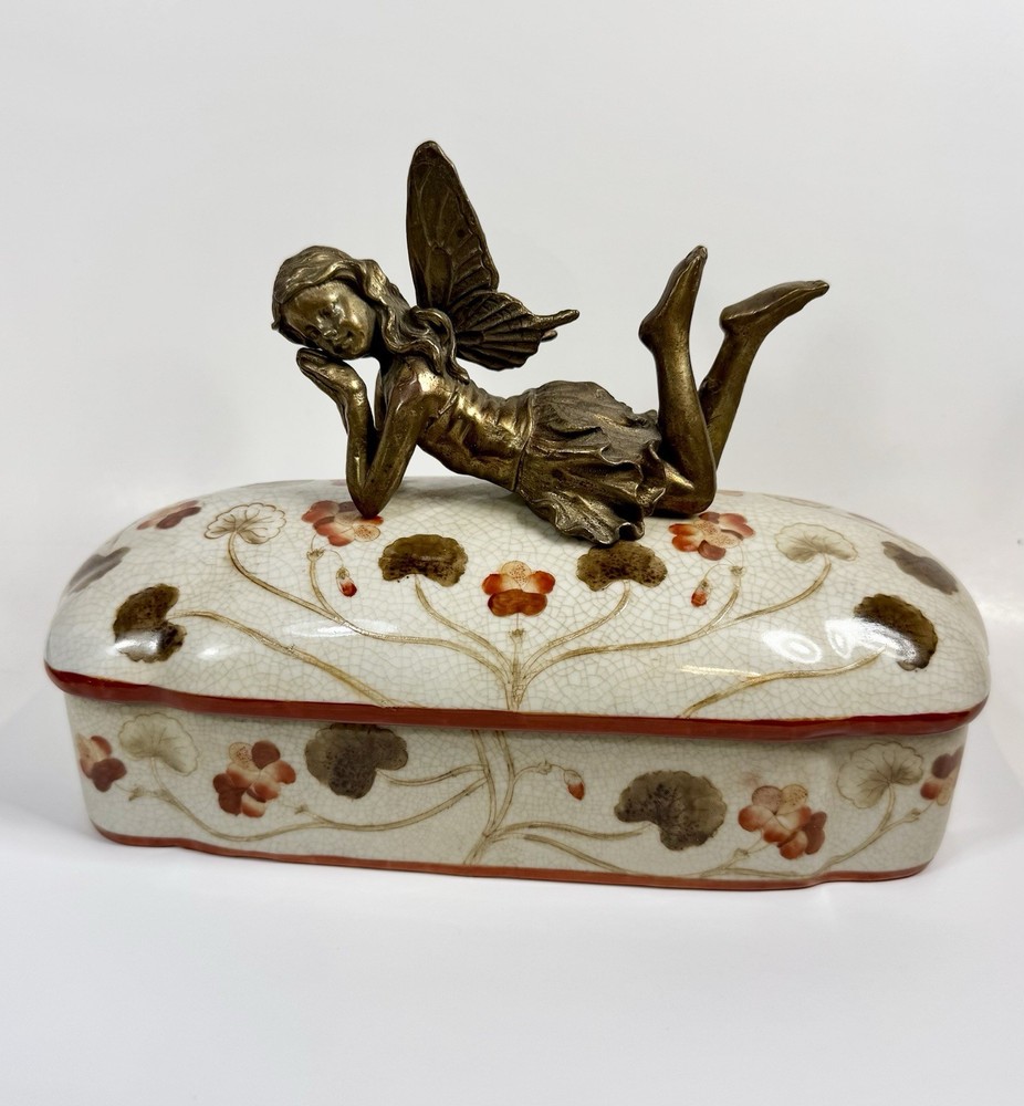 Hung Hei Trinket Box Dresser Fairy Angel Handle Art Nouveau Style Ceramic 9”