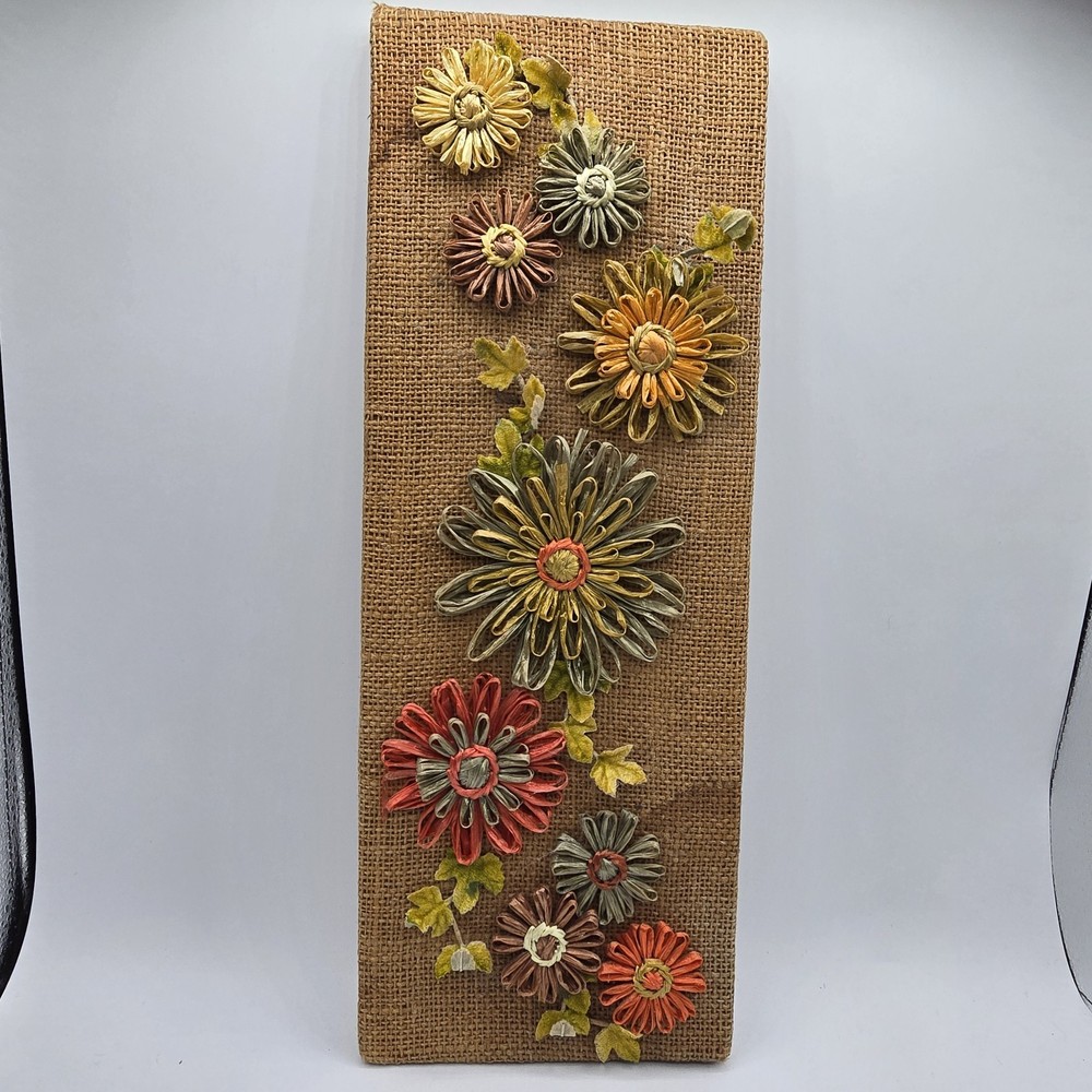 Vtg floral wall plaque raffia paper media art MCM 1970’s Burlap Flowers Decor