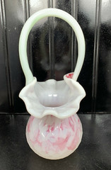 Pink Hand Blown Art Glass Basket Bowl Mid Century Pink & White Swirl 9″ Vintage