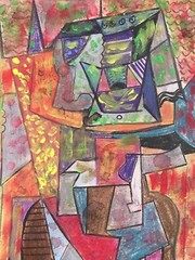 Cubist Original Watercolor Pastels Chalk Painting Signed Picasso Modern Abstract