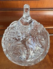 Czech Pinwheel Star of David Crystal Cut Glass 3 footed Candy Dish w Steeple Lid