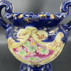 Antique Fine Porcelain Vase Vessel Footed Dish Bowl W Handles Decorated Ceramic