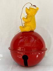 Vintage Disney Classic Santa Pooh Sitting on Large Jingle Bell Ornament 5.5″ EUC