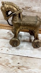 Vintage Heavy Brass Horse Figurine On Rolling Wheels 2.4#