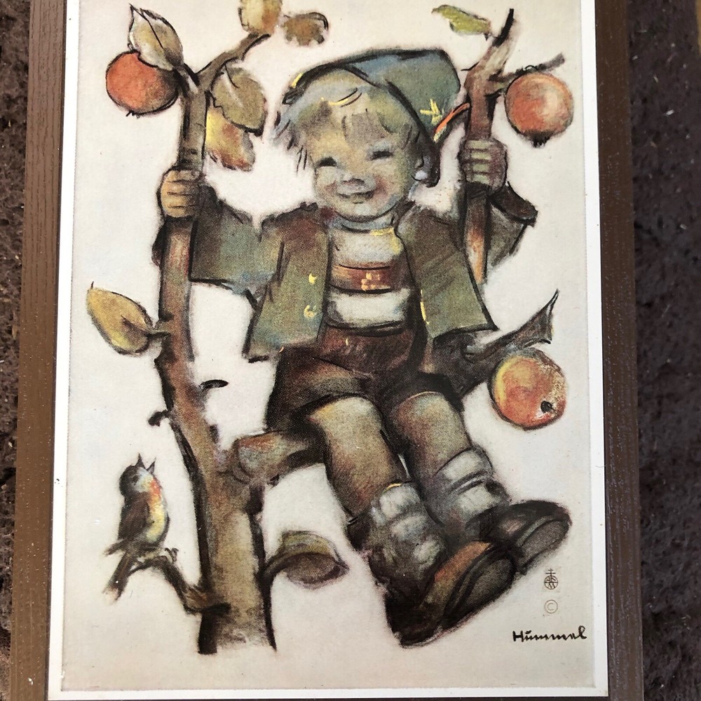 VINTAGE HUMMEL PICTURE Boy On Tree Branch Swing Wood Wall Plaque Switzerland