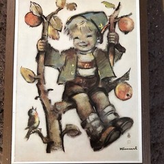 VINTAGE HUMMEL PICTURE Boy On Tree Branch Swing Wood Wall Plaque Switzerland