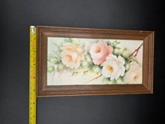 Vintage E. Oakley Signed Framed Hand Painted Ceramic Tile Soft Pastel Roses