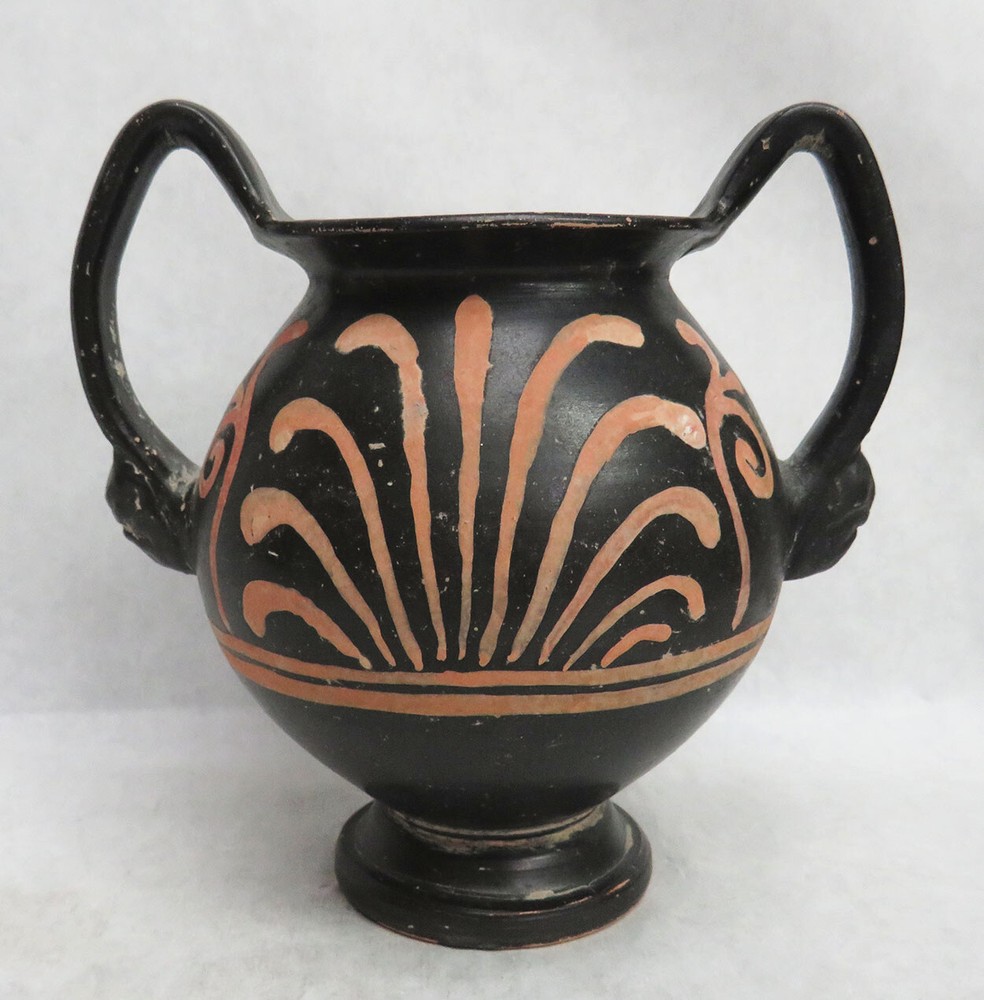 ANCIENT 4th CENTURY BCE GREEK APULIAN NEOLITHIC WARE 5.5″ TWIN HANDLE VASE