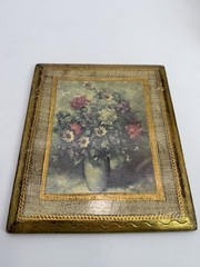 VTG Gold Gilt Italian Florentine Tole Wood Wall Picture Plaque FLORAL 7”x 6”