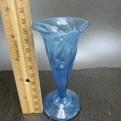 Hand Blown Blue Trumpet Art Glass Vase Vessel With Air Bubbles Glass Bud Vase
