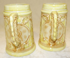 Occupied Japan Vintage Yellow Ceramic Stein Beer Mug 5” Tall Bar Motif Raised- 2