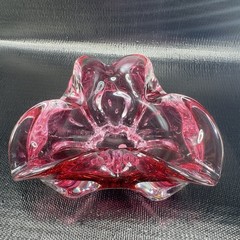 Hand Blown Bohemian Cranberry Art Glass Dish Bowl Folded Edges Original Sticker