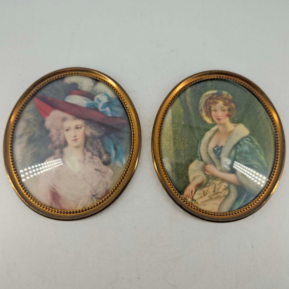 Set of 2 Vintage portrait of ladies in Brass Frame w Convex Glass