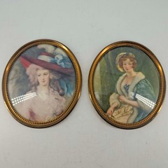 Set of 2 Vintage portrait of ladies in Brass Frame w Convex Glass