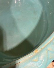 Turquoise Ceramic compote bowl w/relief decoration and handles. Made In Italy