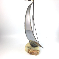 Vintage Sailboat Sculpture Silver Tone Metal Onyx Signed John DeMott 15″ H