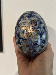 VTG Hand Painted Cloisonne Egg Blue Gold White Floral Geometric Design Easter
