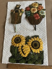 3 Vtg Hand Painted Tin Wall Hangings Hooks Sunflowers Cat in Basket Flower Pot