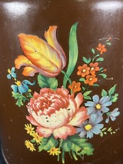 VTG Hand Painted CANCO Toleware Metal Trashcan / Can Floral Roses Brown 13”