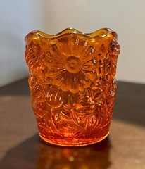 VTG Amberina Orange Daisy Tulip Glass Votive Toothpick Holder 2 1/2 Floral Glows