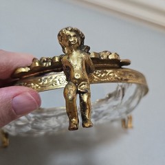Vintage Small Cherub Gold Tone W/Roses Glass 6″ Round Dish Trinket Dish