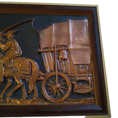 Copper Hand Forged 3D Picture 3 Horses Pulling Wagon Vintage Polish Framed Vtg
