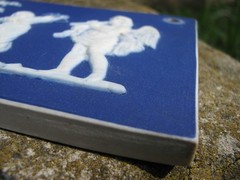 WEDGWOOD LIKE RARE DARK BLUE DIP PLAQUE OF CUPIDS & BOY TAMBORINE, GIRL TRIANGLE