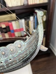 100% COPPER & WOOD NORWEGIAN VIKING SHIP W/WOODEN STAND APROX 16” L, 14” T, 4″ W