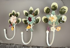 3 Vintage Italy Toleware Tole Painted Metal Flower Wall Hooks