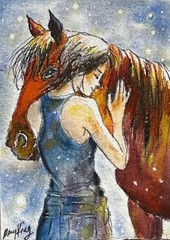 Original Watercolor Premium ACEO Painting by Mary King – Horse Love – woman