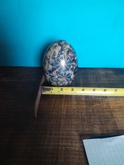 VTG Hand Painted Cloisonne Egg Blue Gold White Floral Geometric Design