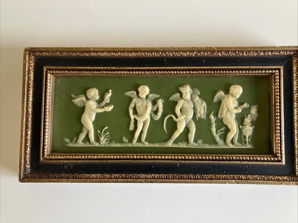 Jasperware Relief Plaque Sage Green Wedgewood Antique 4 Cherubs