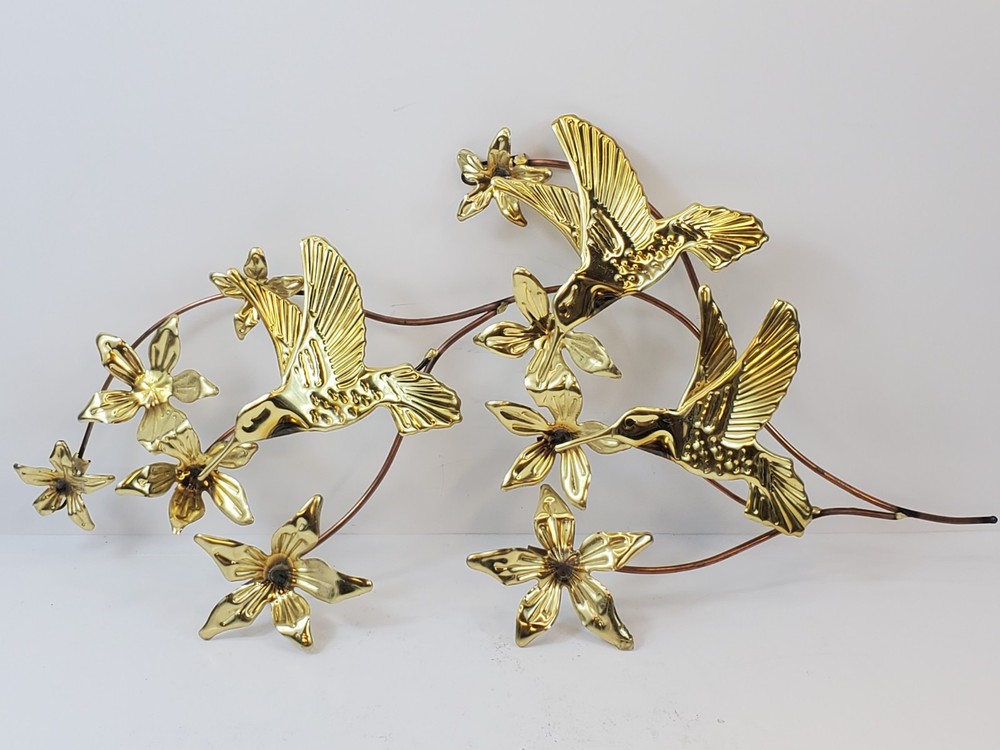 Vintage Metal Art Wall Hanging Hummingbirds Flowers Branches Brass Birds MCM
