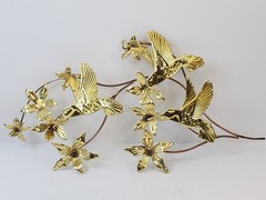 Vintage Metal Art Wall Hanging Hummingbirds Flowers Branches Brass Birds MCM