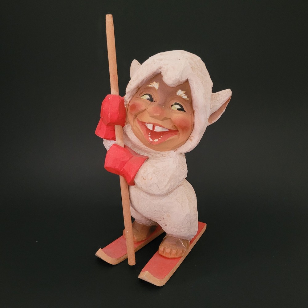 Vintage Henning Troll Standing on Skis Hand Carved in Norway 7 1/2″