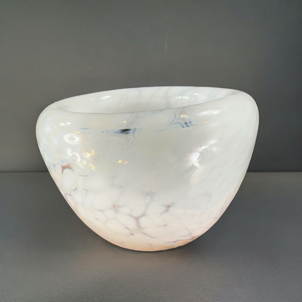 Hand Blown Art Glass Round Dish Bowl Heavy Small White Spots Hand Made Hollow