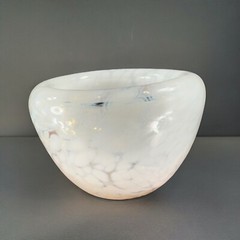 Hand Blown Art Glass Round Dish Bowl Heavy Small White Spots Hand Made Hollow
