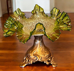 RARE Antique 1860 Craquelle Overshot Art Nouveau Green Bowl On Metal Base