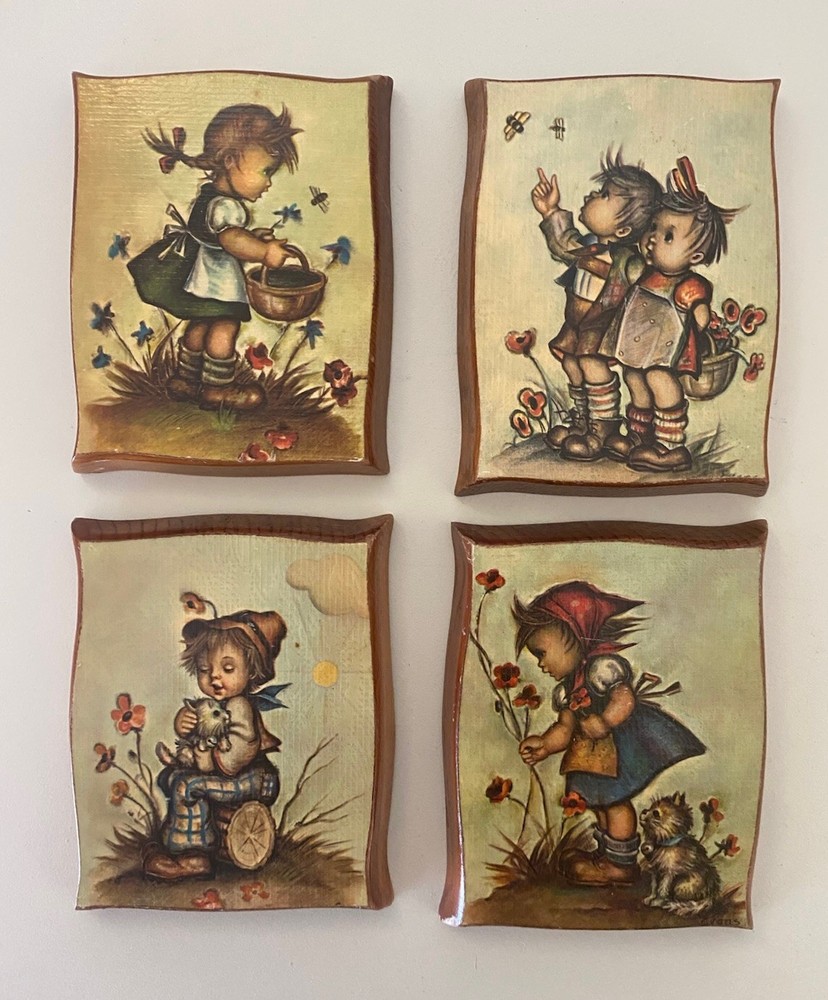 Hummel Style Decorama Inc Set 4 Wood Decoupage Placques Wall Art