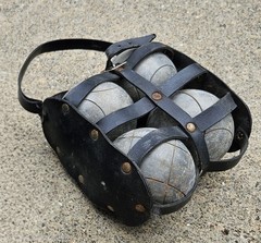 Vtg Steel Boules/Bocce Petanque Set | Black Strap Carrier | French Garden Decor