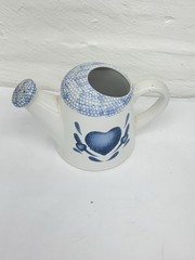 Vintage Pottery Watering Can with Blue Heart 5″ Tall 5.5″ Across Base Spongeware