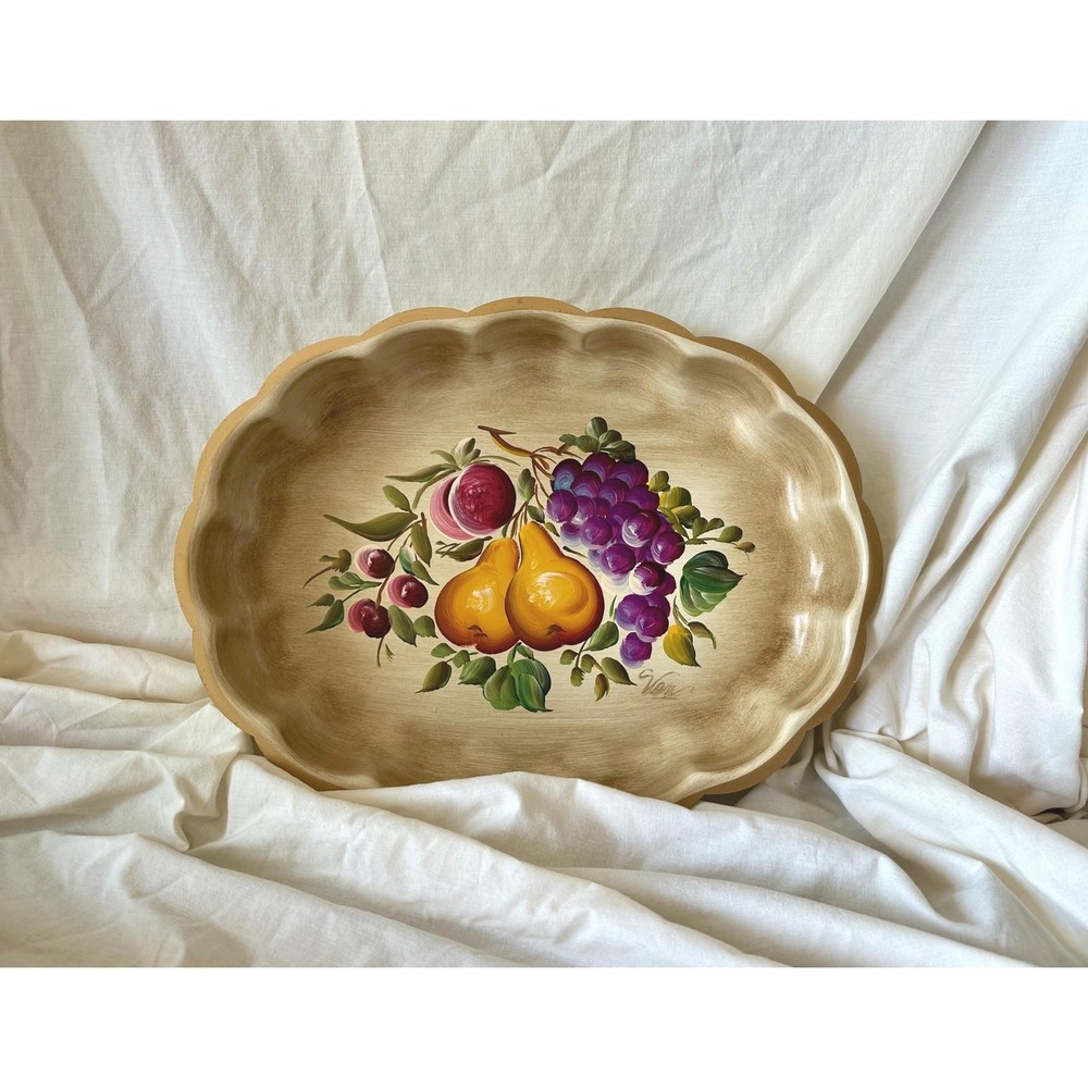 Tray Metal Toleware Beige Hand Painted Nashco New York Fruit Motif